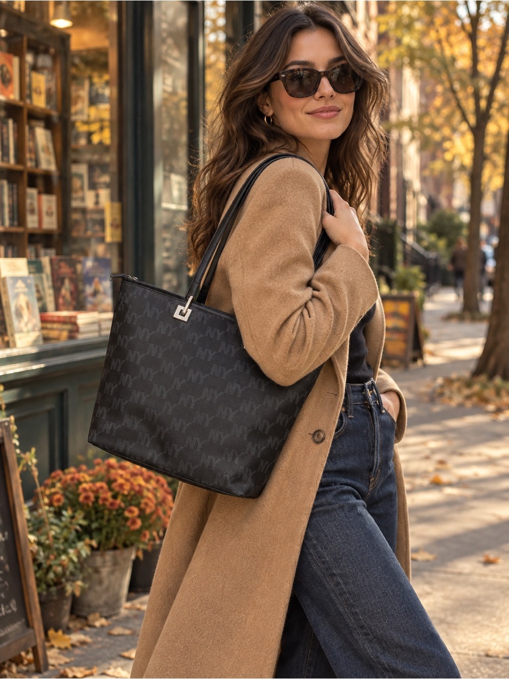New York & Company Black Tonal Logo Y2K Shoulder Tote Bag